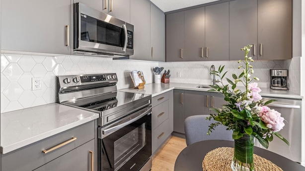 A modern kitchen with grey cabinets, stainless steel appliances, a microwave, stove, and a coffee maker. - Chick & Cozy Haven near Banff with Hot tub & Pool (Canmore)