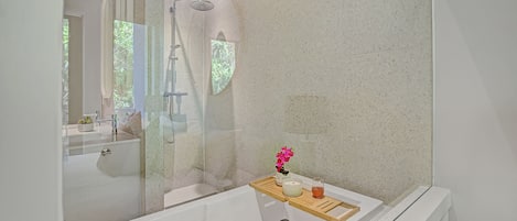Shower, hair dryer, towels, soap
