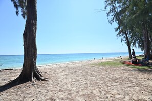 A beach with a large tree, clear blue sky, and calm sea. - 4BR Villa with A/C -High speed Internet • 20mts from Beach • Rooftop Sunset Spot (Flic en Flac)