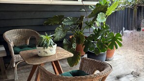 Katettu terassialue, jossa on rottinkihuonekaluja, ruukkukasveja ja ikkuna, josta avautuu näkymä puutarhaan.