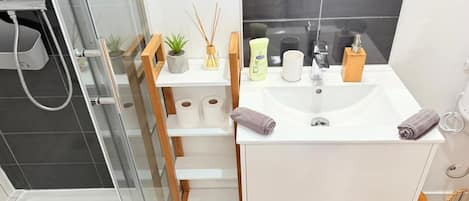 Shower, hair dryer, towels, soap