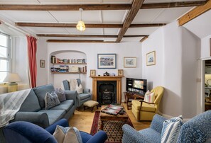 A cozy living room with a fireplace, bookshelves, and a television. - Hardys is a charming traditional fisherman's cottage nestled in the heart of Padstow (Padstow)