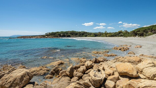 Una spiaggia rocciosa con acque cristalline turchesi, una riva sabbiosa e un pendio boscoso sullo sfondo.