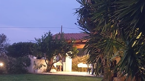 A residential area with a house featuring a red-tiled roof, a well-maintained lawn, and a large palm tree in the foreground. - Beautiful home in Ispica with WiFi (Ispica)