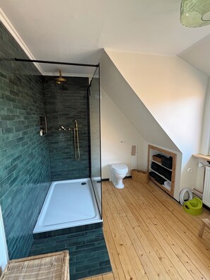 Shower, hair dryer, towels, soap