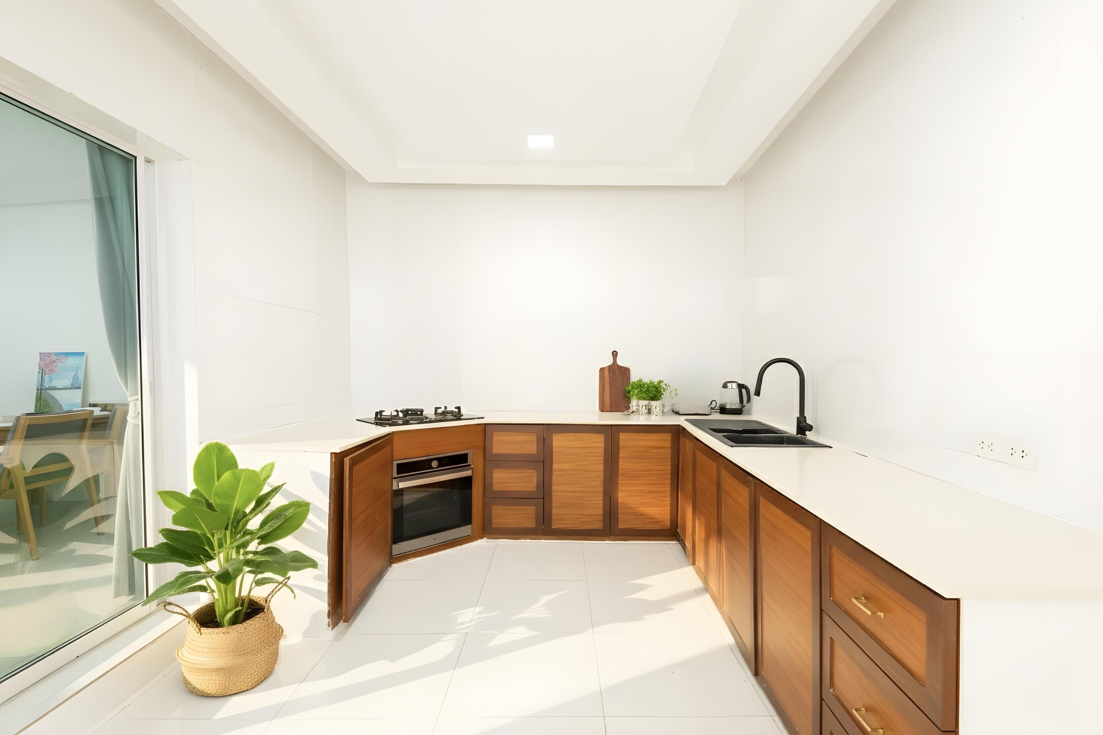 A modern kitchen with a wooden cabinet and white countertop, a potted plant, and a view of the outside.