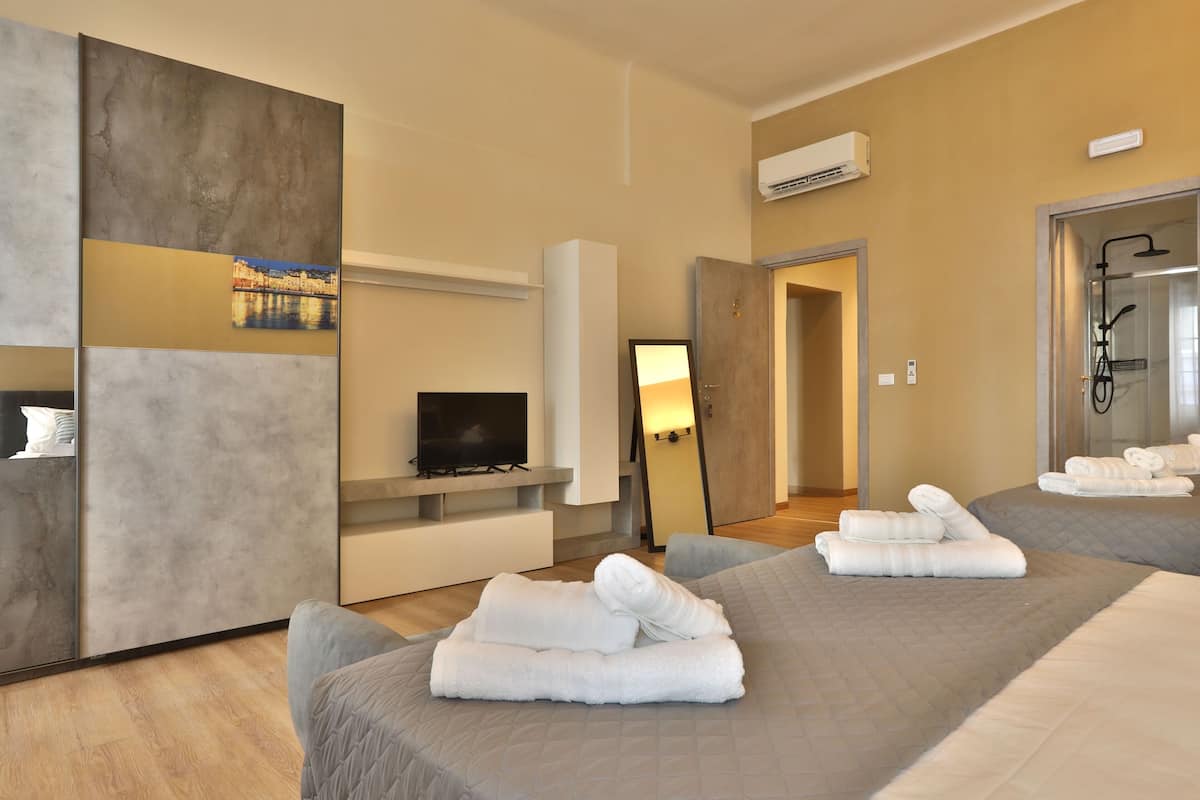 A modern hotel room with a large bed, a TV, a mirror, and a shower area.