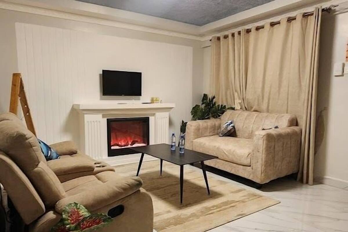 Un salon avec une cheminée, un canapé, une table basse et un téléviseur.