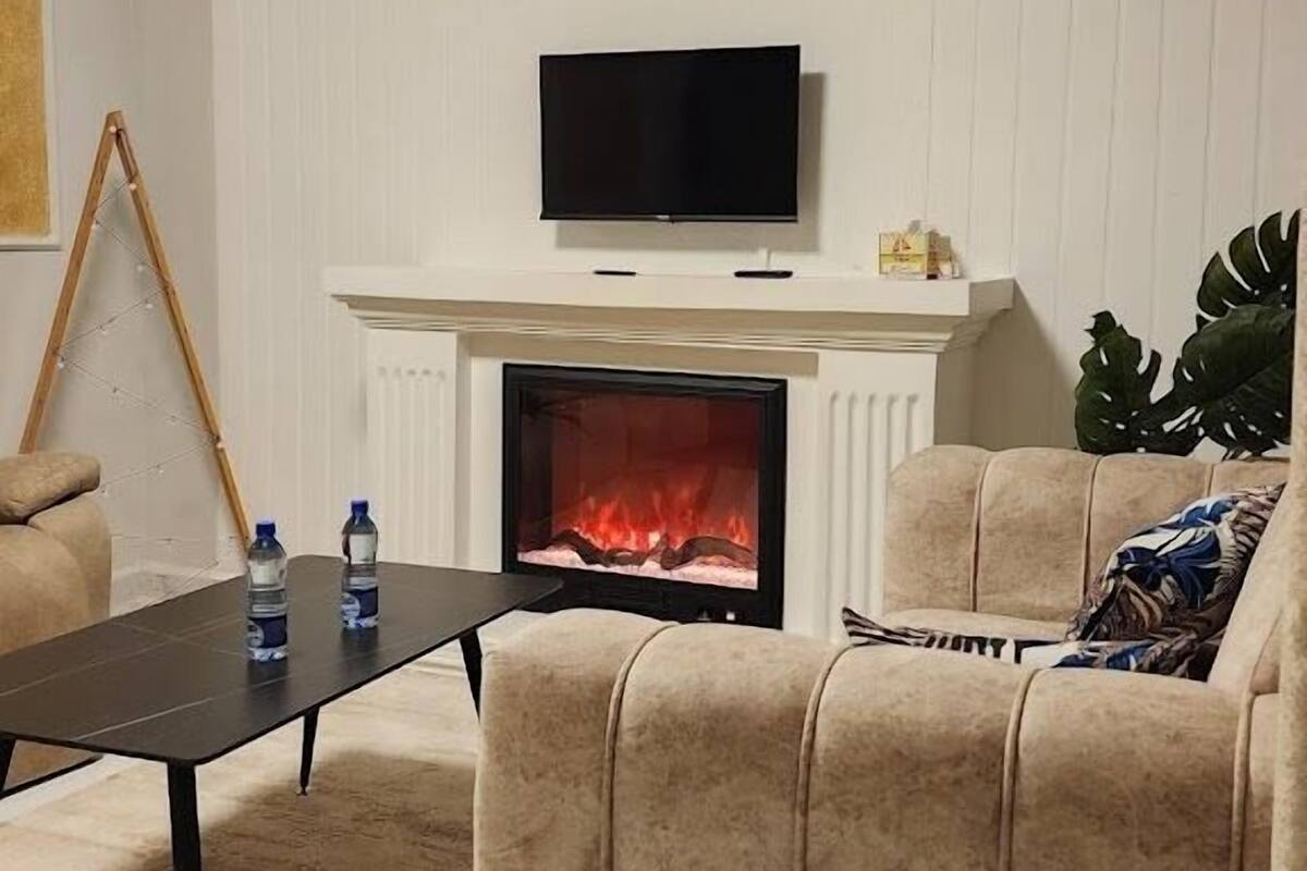Un salon avec une cheminée, un canapé, une table basse et un téléviseur.