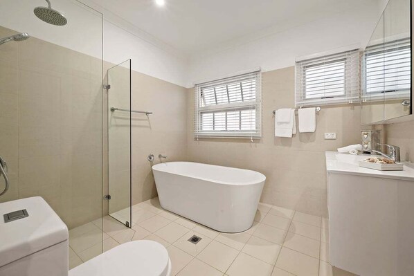Hair dryer, towels, soap, shampoo