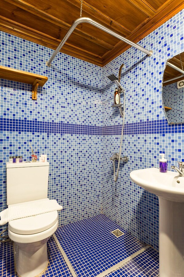 Une salle de bain avec un mur recouvert de mosaïques bleues, un plafond en bois, des toilettes blanches, un lavabo et une douche équipée d’un pommeau de douche à main.