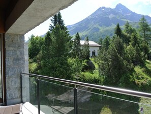 Un balcón con barandilla de cristal que ofrece vistas a un paisaje montañoso con una casa rodeada de árboles.