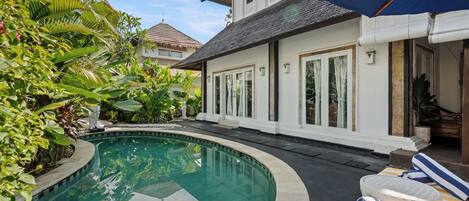 Outdoor pool, pool umbrellas, pool loungers