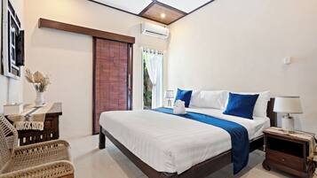 Villa, 3 Bedrooms, Patio, Pool View | Hypo-allergenic bedding, in-room safe, individually decorated