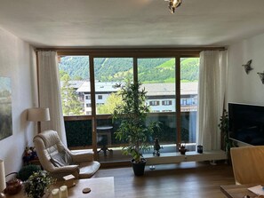 Una sala de estar con un ventanal grande, un sofá, un televisor y una planta en maceta.