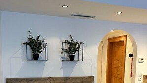A reception area with a wooden reception desk, two potted plants on the wall, a trash bin, and a wooden door in the background. - Wohnung Alpinresort Kaprun top 11 by Interhome (Kaprun)