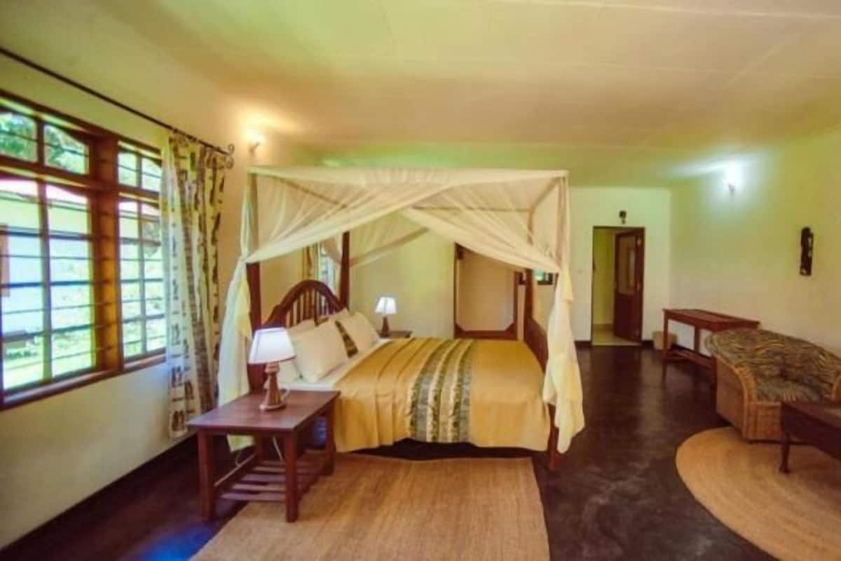 A room with a bed under a canopy, a nightstand, a chair, and a small table.