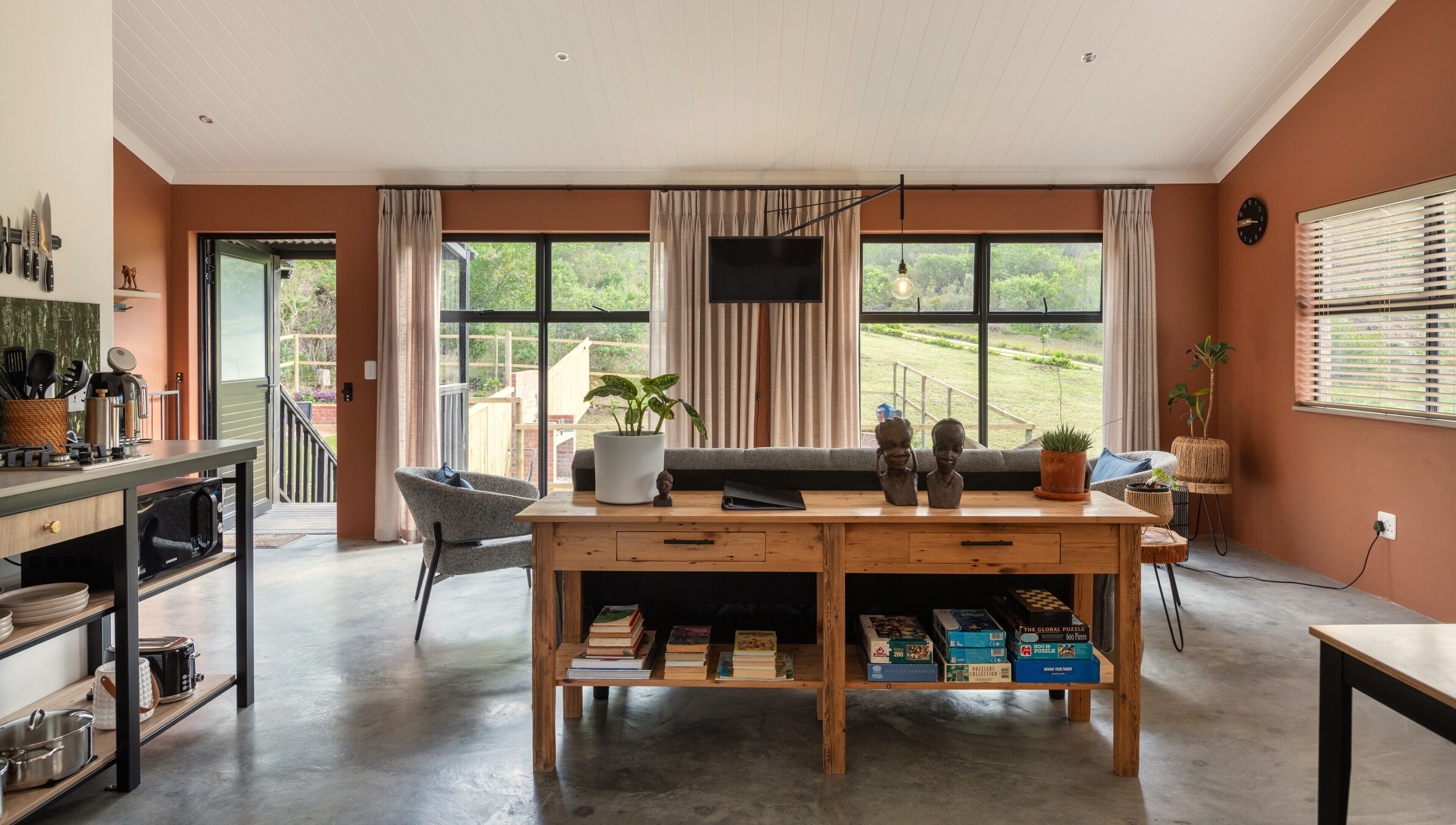 Smart TV, fireplace, books