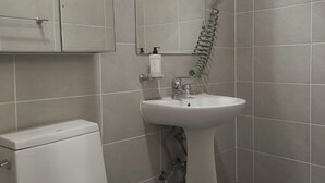 Ein Badezimmer mit Toilette, einem Standwaschbecken und einer Dusche mit flexibler Brause.
