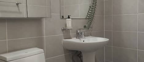 Douche, séchoir à cheveux, serviettes fournies, savon