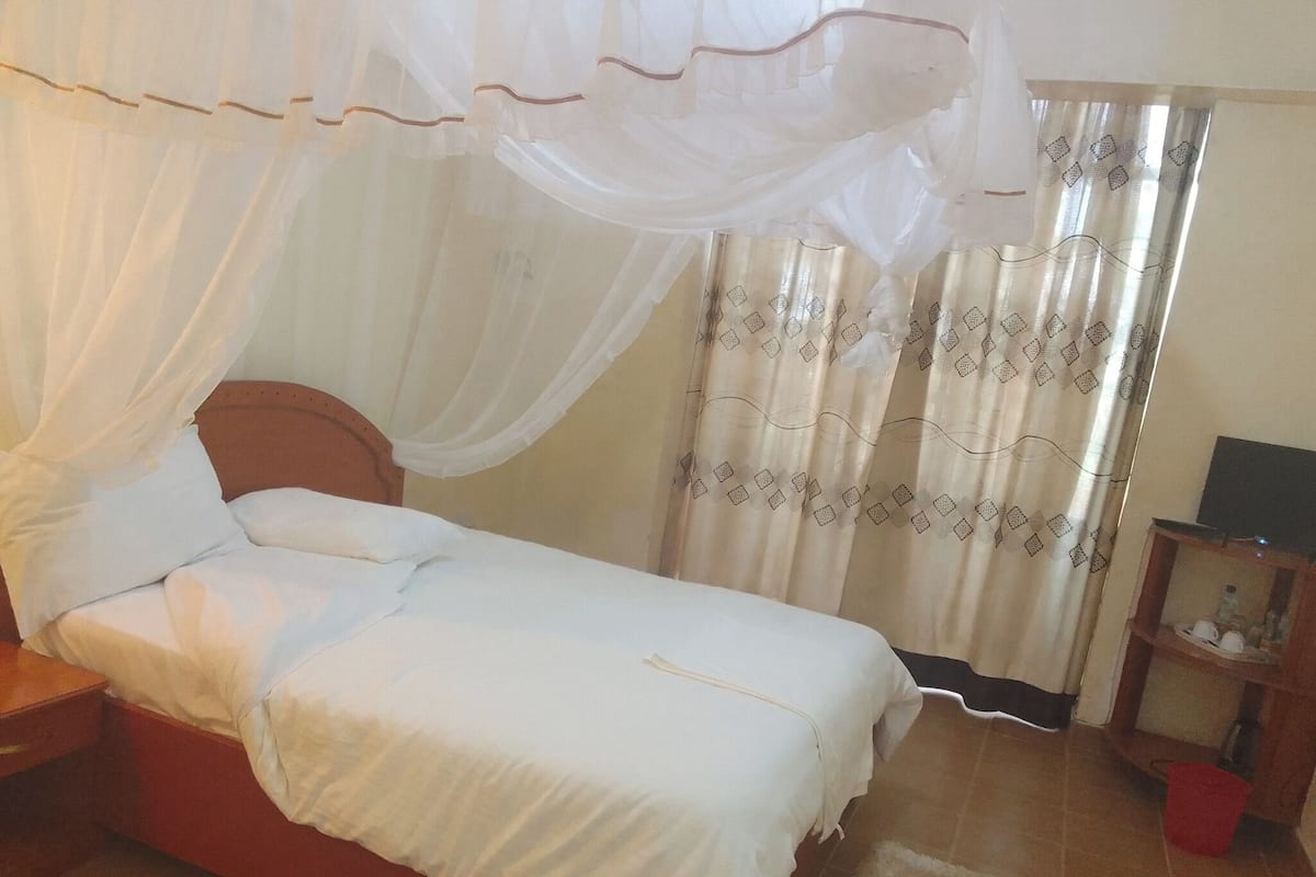 Una cama individual con dosel, una mesita de noche de madera, una pequeña mesa con televisor y un cubo rojo en el suelo.