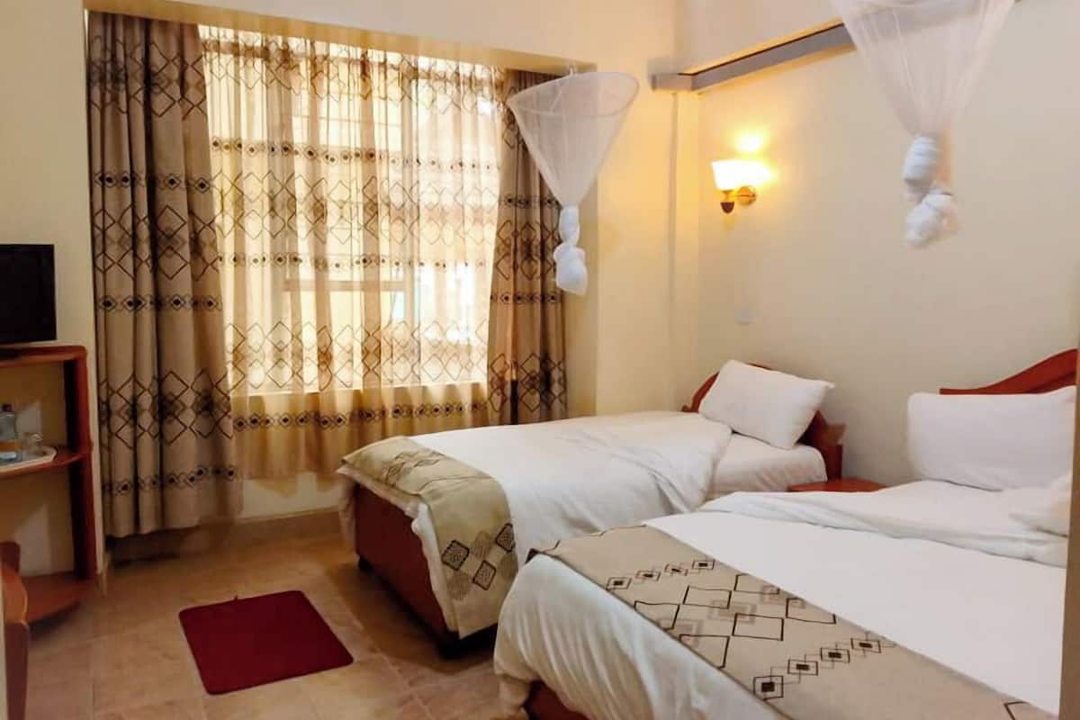 Habitación de hotel con dos camas, televisión, mesita de noche y ventana con cortinas.