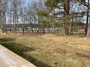 Ein Park mit einem Picknicktisch, Bäumen und Häusern im Hintergrund.