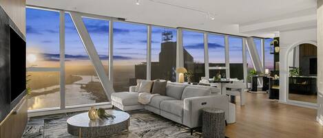 TV, fireplace, books, stereo