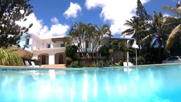 Une piscine d’un bleu éclatant, avec un dauphin, entourée de palmiers et d’un bâtiment à la façade blanche.