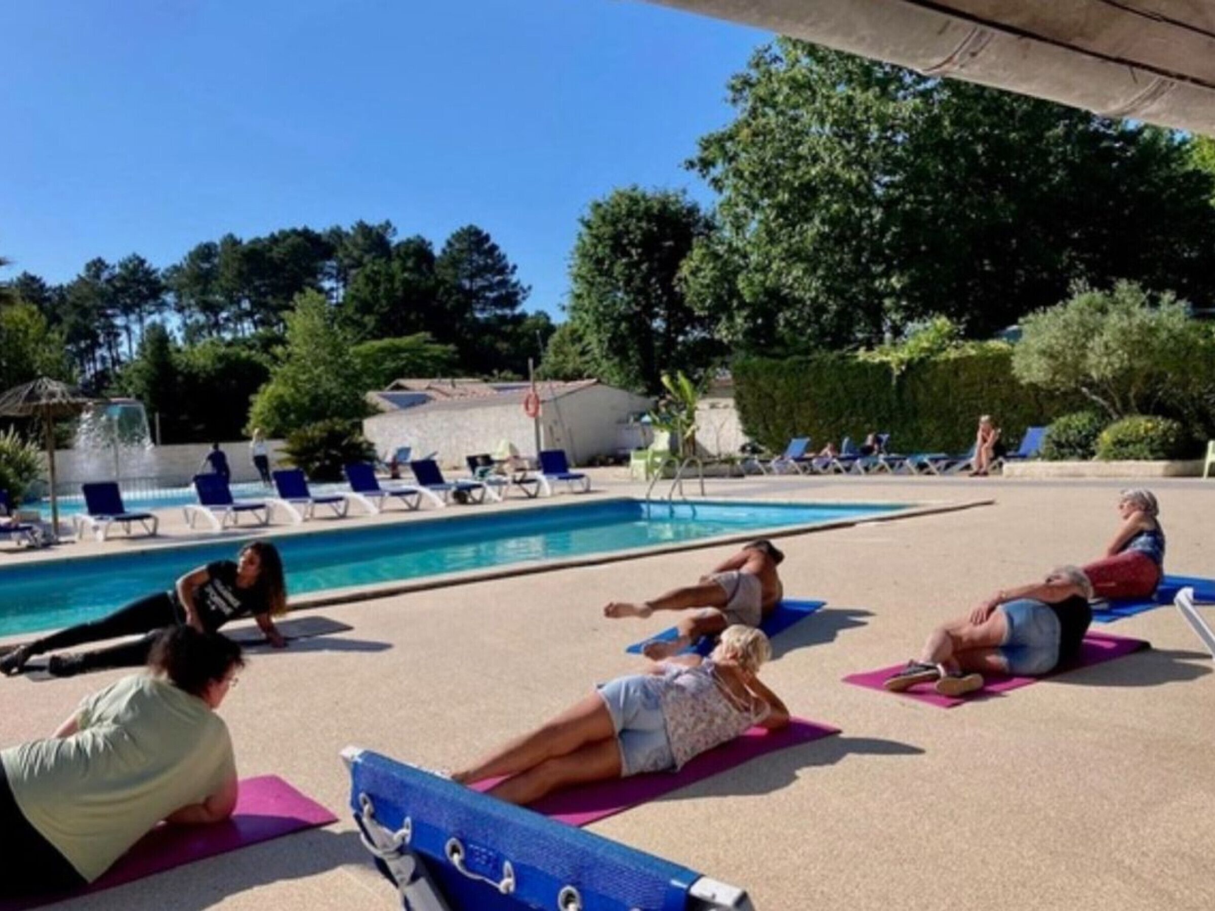 Ett område vid poolen med solstolar och folk som ligger på mattor, en klarblå himmel och träd i bakgrunden.