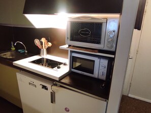 Frigorífico, microondas, horno y placa de cocina