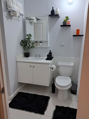 Secadora de cabello, bidet, toallas, jabón 