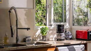 Una cucina con lavello integrato, macchina del caffè, tostapane e una pianta in vaso.