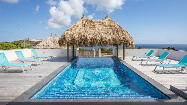 Una piscina con tetto in paglia e sedie a sdraio, con vista su una spiaggia e l'oceano.
