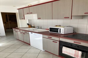 Een magnetron, een oven, een kookplaat, een vaatwasser