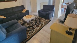 A living room with a dark blue sofa, a smaller armchair, a patterned rug, and a small table with a lamp.