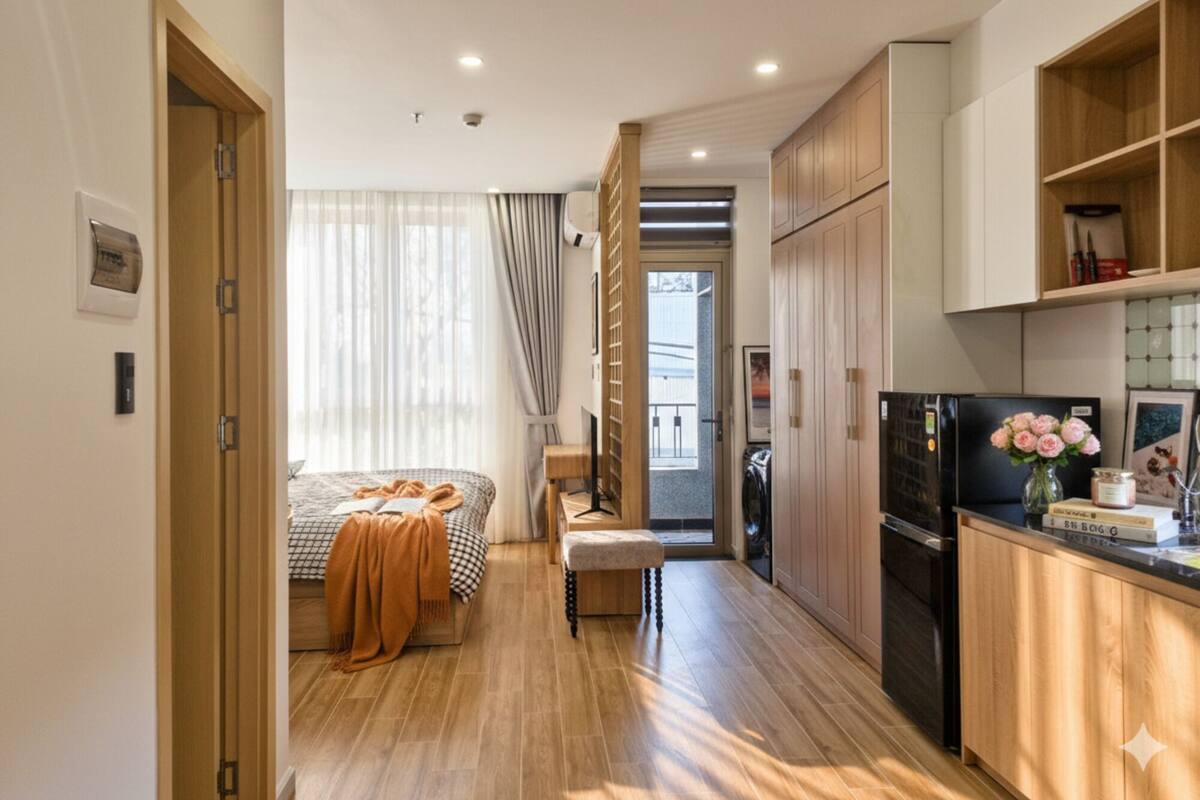 A modern hotel room with a wooden floor, a bed with a checkered blanket, a small seating area, a kitchen with a refrigerator and a vase of flowers, and a door leading to a balcony.
