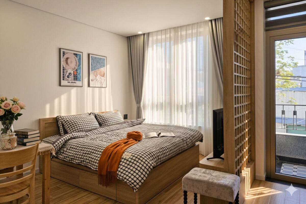 A bedroom with a bed, a bedside table, a chair, and a window with curtains.