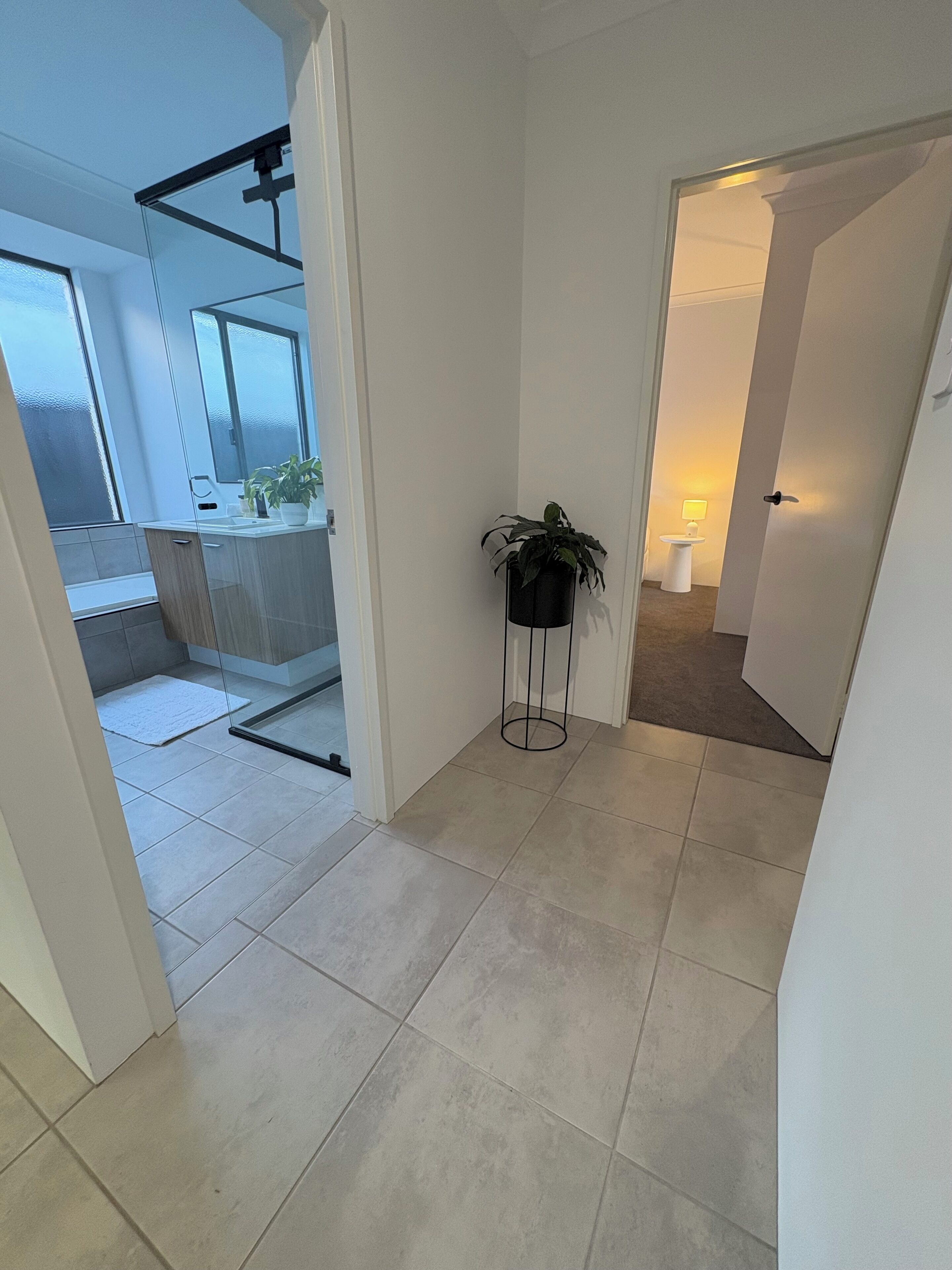 Een moderne hal met een potplant, een glazen deur naar een badkamer en een uitzicht op een balkon.