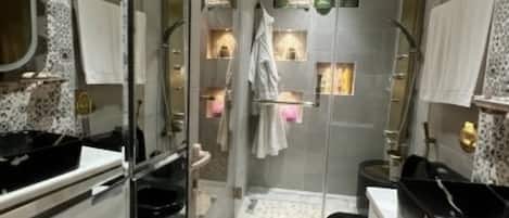 Hair dryer, bidet, towels, soap