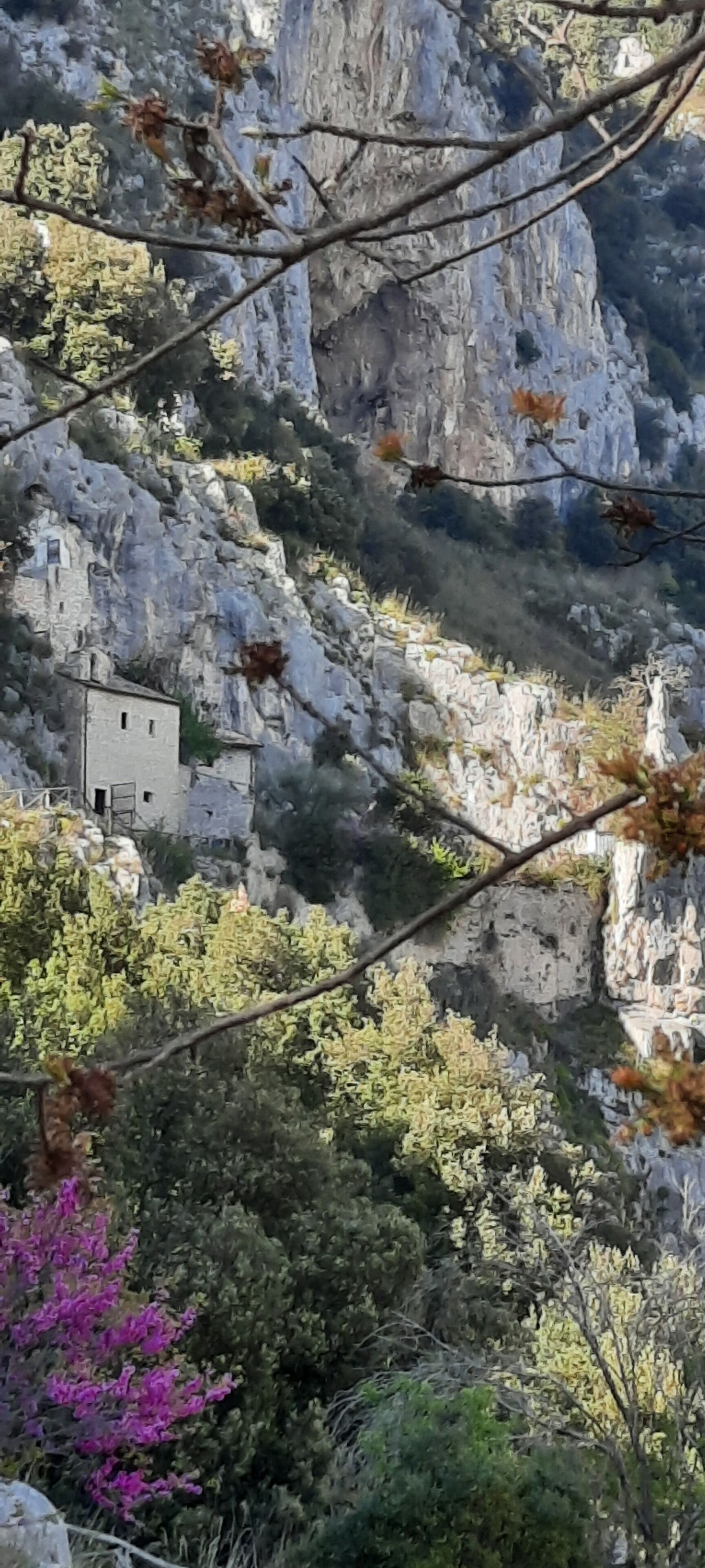 Paisatge de muntanya rocosos amb una petita construcció de pedra situada entre penya-segades i vegetació densa.