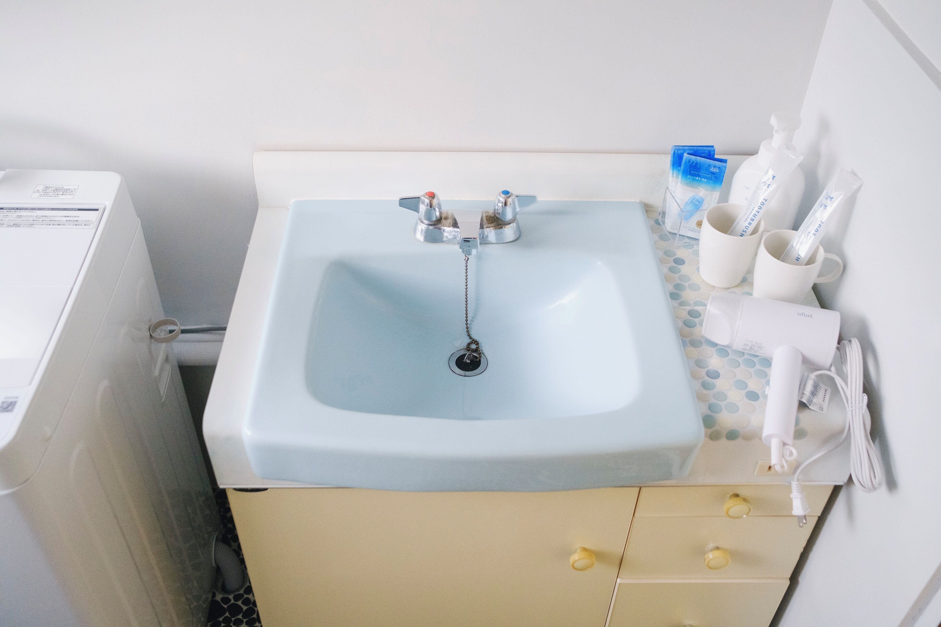 Hair dryer, bidet, towels, soap