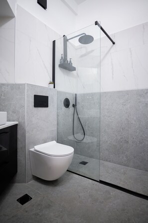 Dusche, Haartrockner, Handtücher, Seife