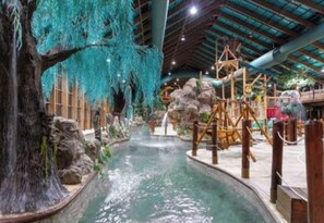 Una fuente de agua interior con un árbol y formaciones rocosas.