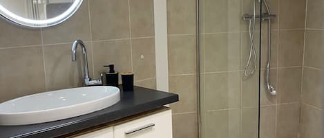 Hair dryer, towels, soap, toilet paper