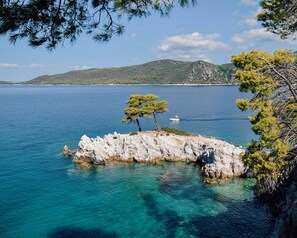 A rocky island with clear blue water, surrounded by trees and a distant mountain.