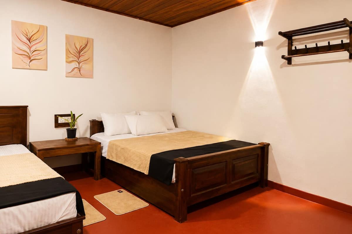 A bedroom with two beds, a nightstand with a plant, a wall-mounted shelf, and a red carpet.