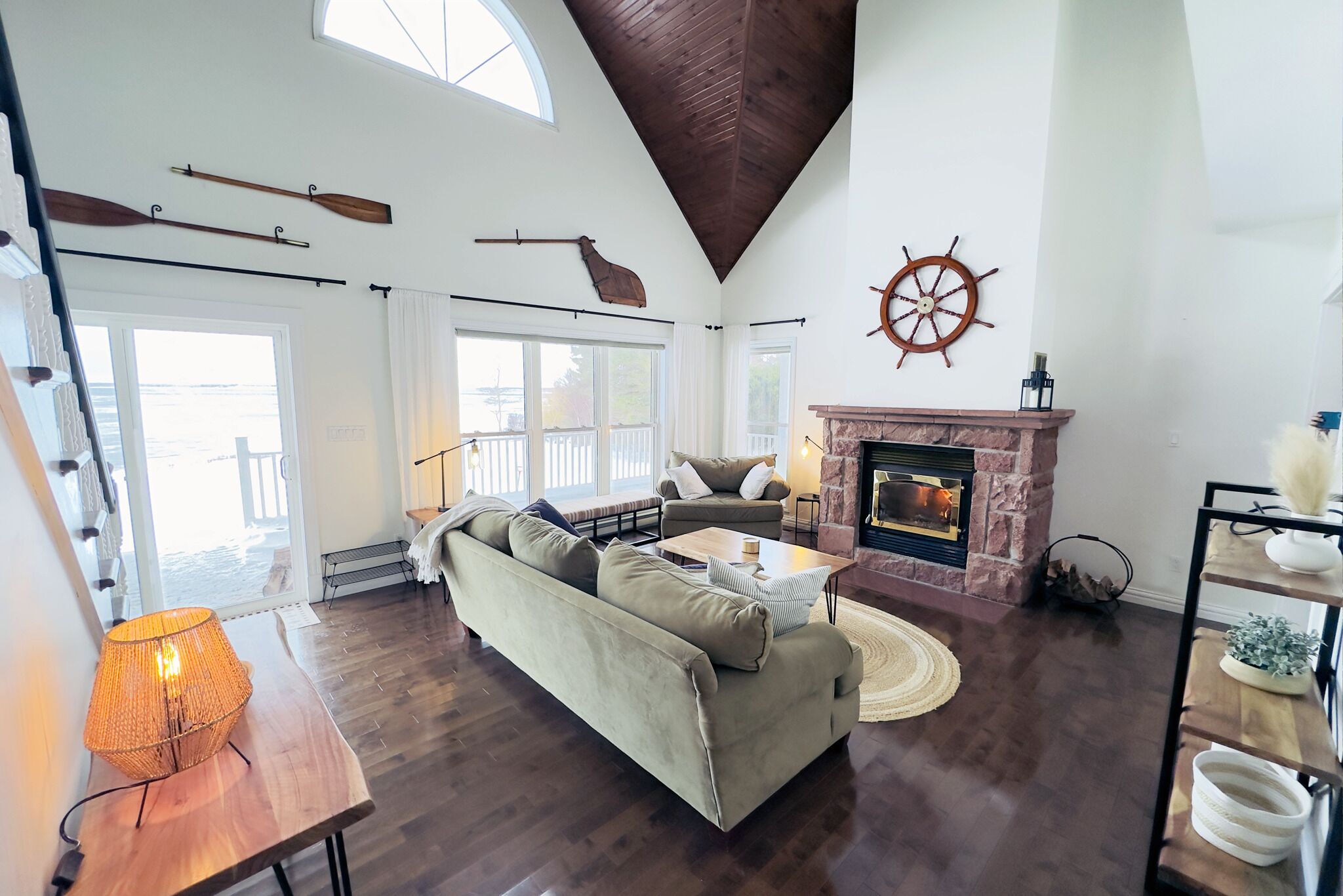 Télévision, cheminée, lecteur de DVD, livres