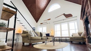 Télévision, cheminée, lecteur de DVD, livres