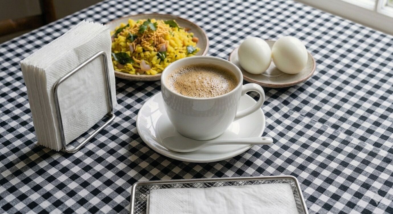 A checkered tablecloth, a cup of coffee, a bowl of food, and two eggs on a table.